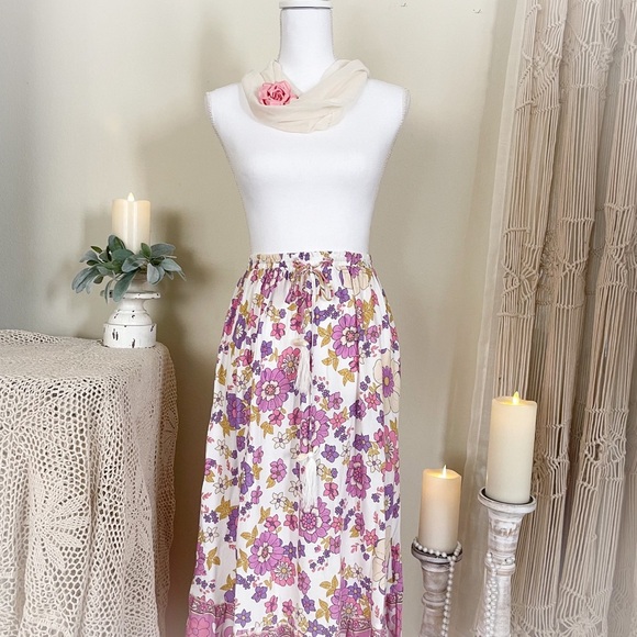 Boho Floral Purple Pink Midi Skirt - Picture 1 of 10